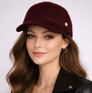 VINCE CAMUTO Oxblood Leopard Print Fuzzy Faux Fur Cap